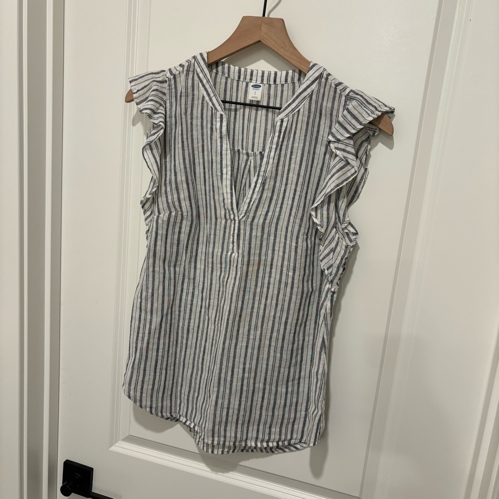🪴$5/25🪴Old Navy Blue White Striped Linen Blend Ruffle Sleeve V-Neck Blouse Top S - Picture 3 of 12